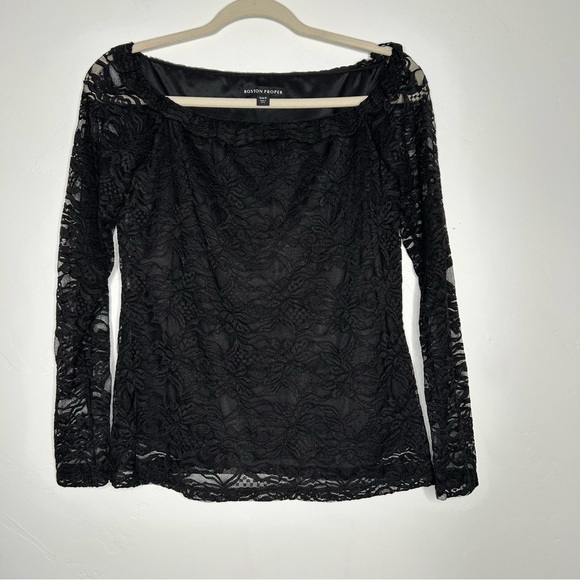Boston Proper Black Lace Blouse Long Sleeves Size Medium Classic Whimsigoth - Picture 1 of 10